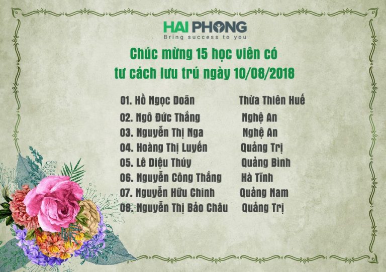 Thêm 15 học viên – thực tập sinh Hải Phong có tư cách lưu trú ngày 10/08/2018